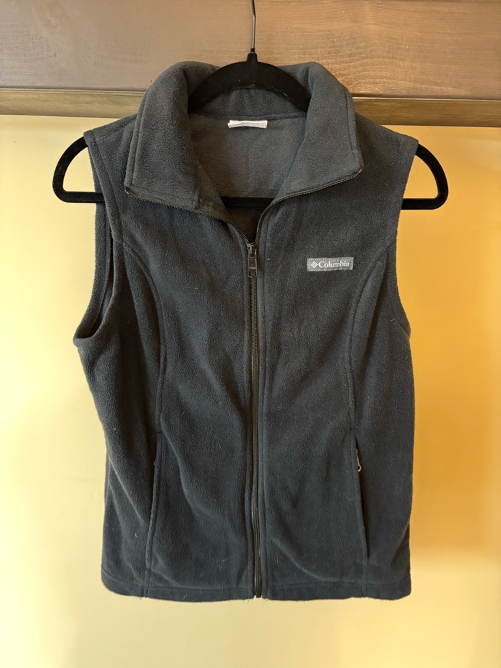 Columbia Black Fleece Vest with Blue Logo Stripe